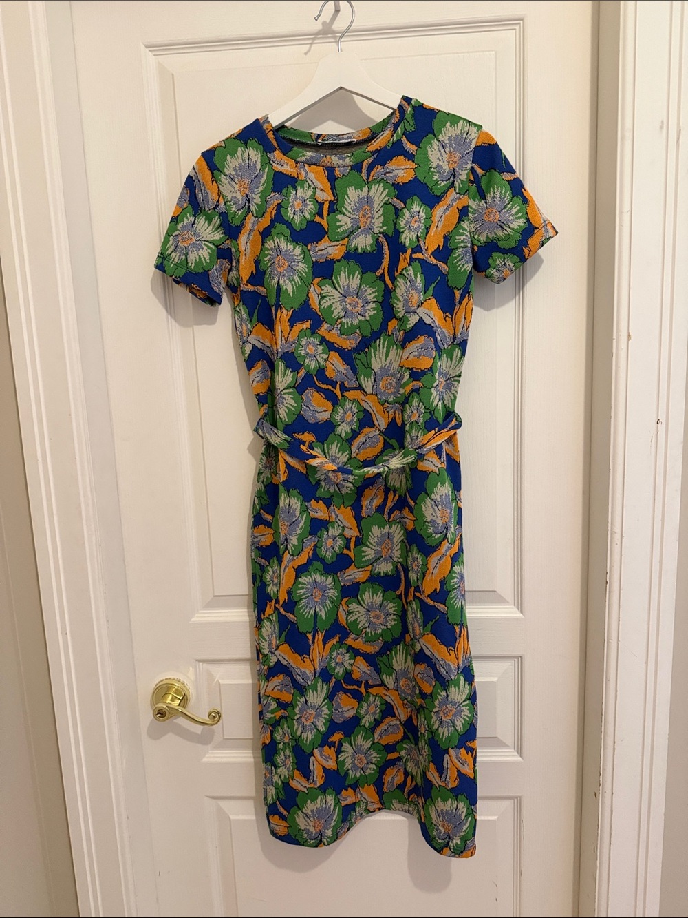 Zara Blue Floral Midi Dress with Green and Yellow Accents